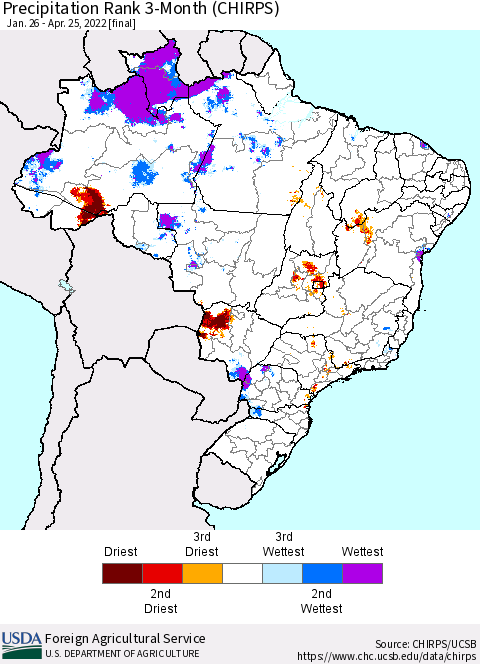 Brazil Precipitation Rank since 1981, 3-Month (CHIRPS) Thematic Map For 1/26/2022 - 4/25/2022