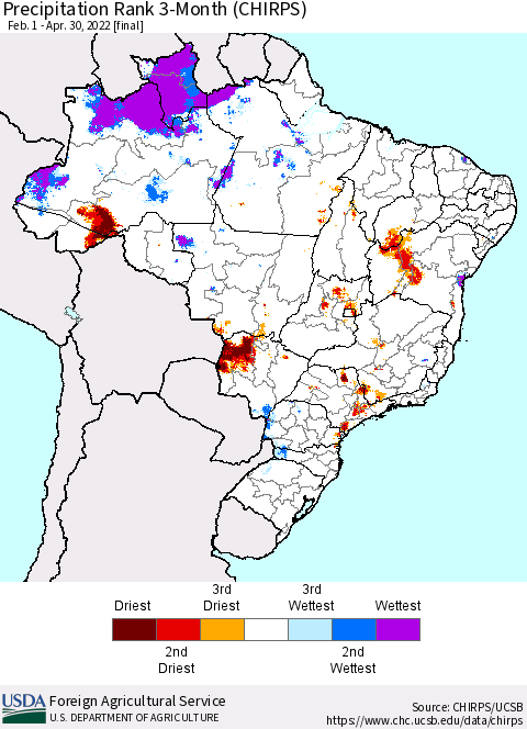 Brazil Precipitation Rank since 1981, 3-Month (CHIRPS) Thematic Map For 2/1/2022 - 4/30/2022