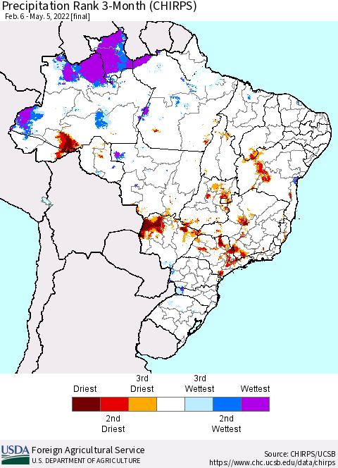 Brazil Precipitation Rank since 1981, 3-Month (CHIRPS) Thematic Map For 2/6/2022 - 5/5/2022