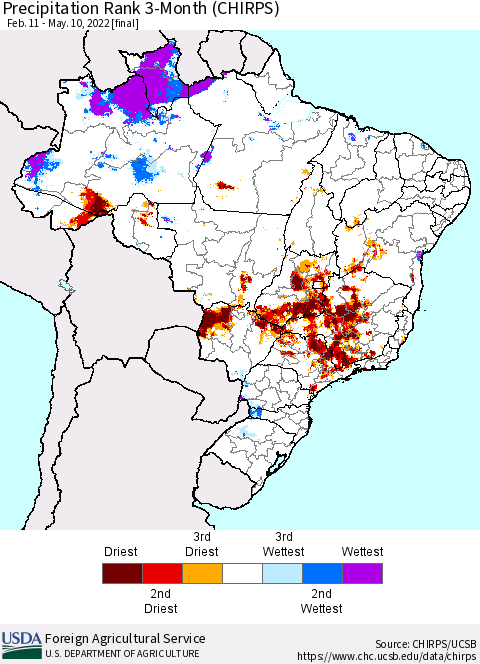 Brazil Precipitation Rank since 1981, 3-Month (CHIRPS) Thematic Map For 2/11/2022 - 5/10/2022