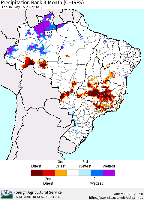 Brazil Precipitation Rank since 1981, 3-Month (CHIRPS) Thematic Map For 2/16/2022 - 5/15/2022