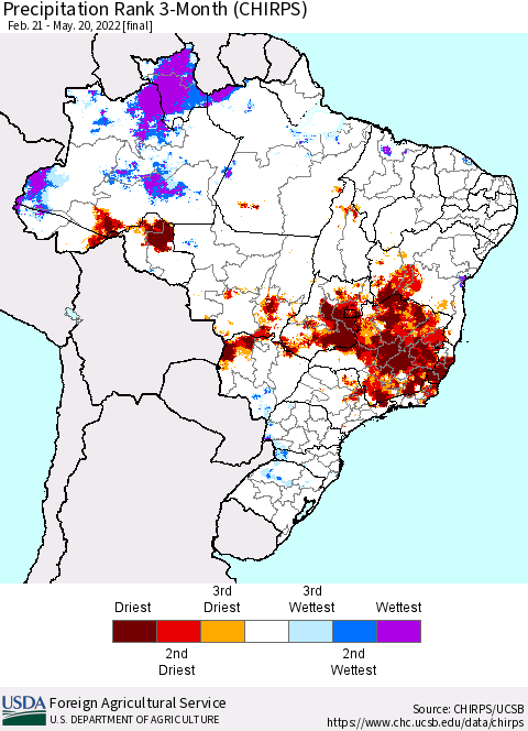 Brazil Precipitation Rank since 1981, 3-Month (CHIRPS) Thematic Map For 2/21/2022 - 5/20/2022