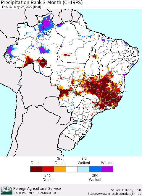 Brazil Precipitation Rank since 1981, 3-Month (CHIRPS) Thematic Map For 2/26/2022 - 5/25/2022
