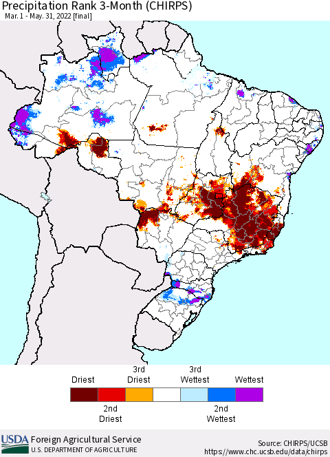 Brazil Precipitation Rank since 1981, 3-Month (CHIRPS) Thematic Map For 3/1/2022 - 5/31/2022