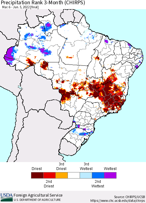 Brazil Precipitation Rank since 1981, 3-Month (CHIRPS) Thematic Map For 3/6/2022 - 6/5/2022