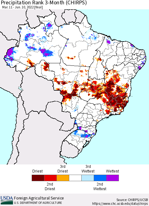 Brazil Precipitation Rank since 1981, 3-Month (CHIRPS) Thematic Map For 3/11/2022 - 6/10/2022