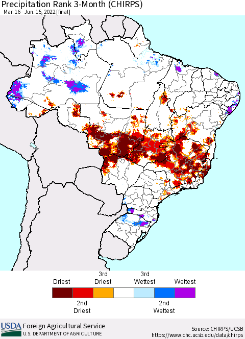 Brazil Precipitation Rank since 1981, 3-Month (CHIRPS) Thematic Map For 3/16/2022 - 6/15/2022