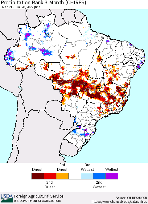 Brazil Precipitation Rank since 1981, 3-Month (CHIRPS) Thematic Map For 3/21/2022 - 6/20/2022
