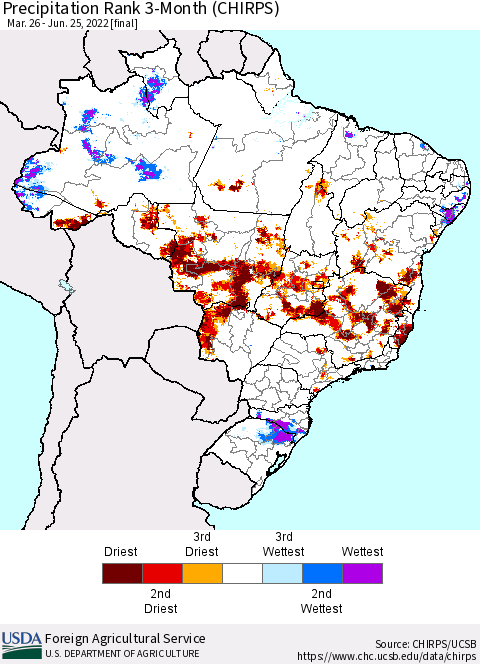 Brazil Precipitation Rank since 1981, 3-Month (CHIRPS) Thematic Map For 3/26/2022 - 6/25/2022