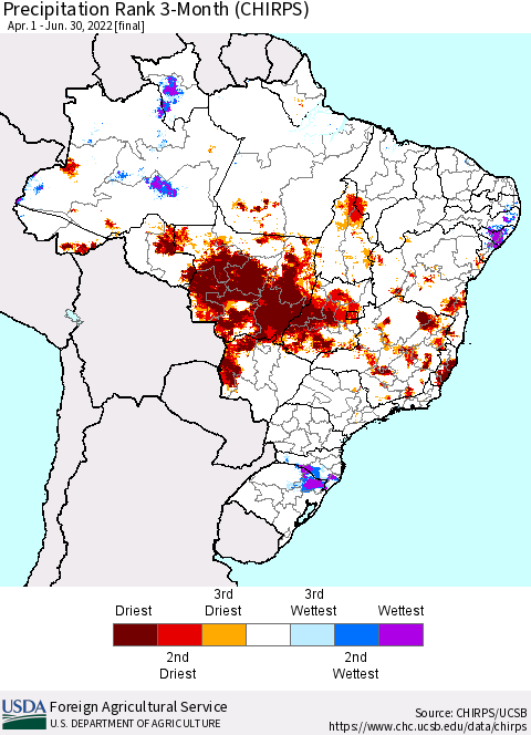 Brazil Precipitation Rank since 1981, 3-Month (CHIRPS) Thematic Map For 4/1/2022 - 6/30/2022