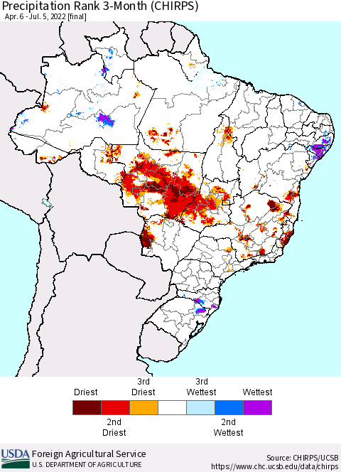 Brazil Precipitation Rank since 1981, 3-Month (CHIRPS) Thematic Map For 4/6/2022 - 7/5/2022