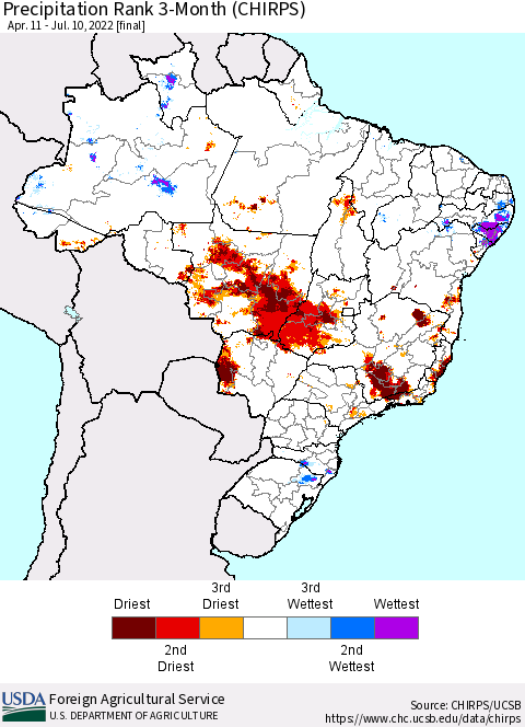 Brazil Precipitation Rank since 1981, 3-Month (CHIRPS) Thematic Map For 4/11/2022 - 7/10/2022