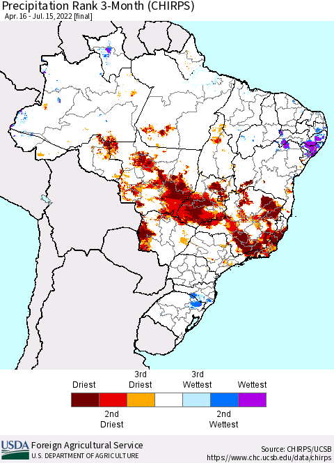 Brazil Precipitation Rank since 1981, 3-Month (CHIRPS) Thematic Map For 4/16/2022 - 7/15/2022