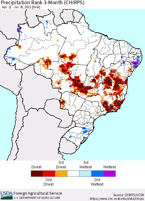 Brazil Precipitation Rank since 1981, 3-Month (CHIRPS) Thematic Map For 4/21/2022 - 7/20/2022