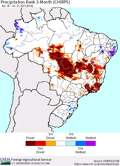 Brazil Precipitation Rank since 1981, 3-Month (CHIRPS) Thematic Map For 4/26/2022 - 7/25/2022