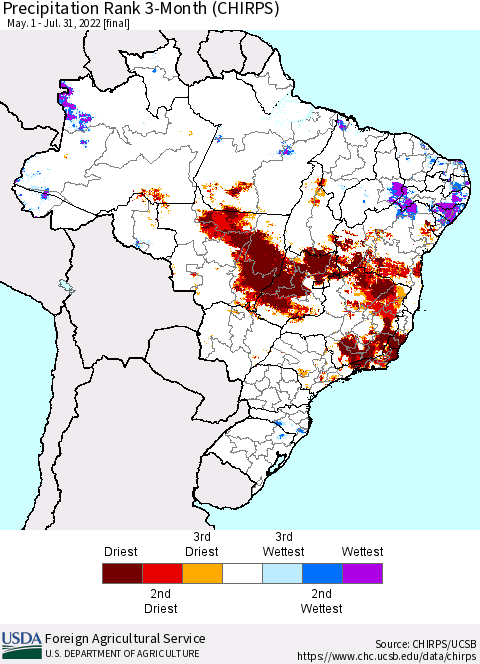 Brazil Precipitation Rank since 1981, 3-Month (CHIRPS) Thematic Map For 5/1/2022 - 7/31/2022