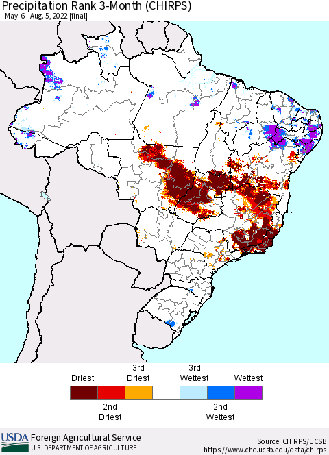 Brazil Precipitation Rank since 1981, 3-Month (CHIRPS) Thematic Map For 5/6/2022 - 8/5/2022