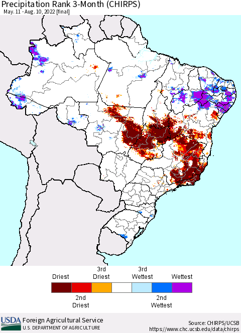 Brazil Precipitation Rank since 1981, 3-Month (CHIRPS) Thematic Map For 5/11/2022 - 8/10/2022