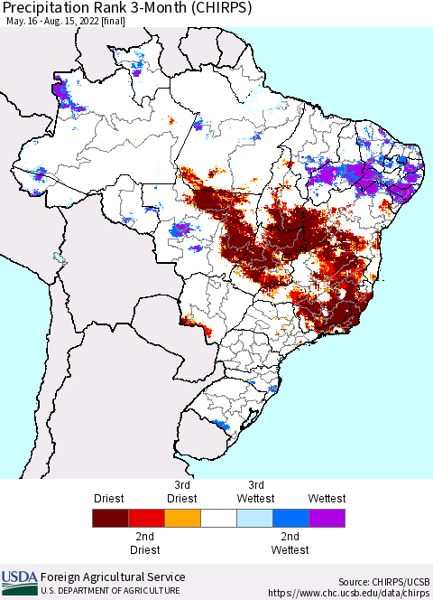 Brazil Precipitation Rank since 1981, 3-Month (CHIRPS) Thematic Map For 5/16/2022 - 8/15/2022