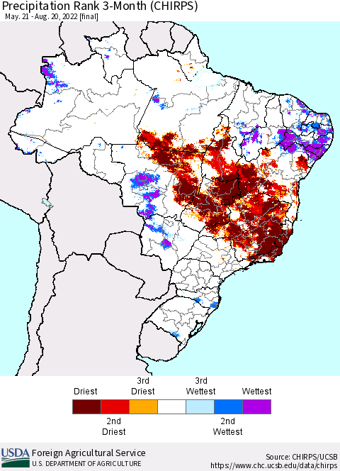 Brazil Precipitation Rank since 1981, 3-Month (CHIRPS) Thematic Map For 5/21/2022 - 8/20/2022