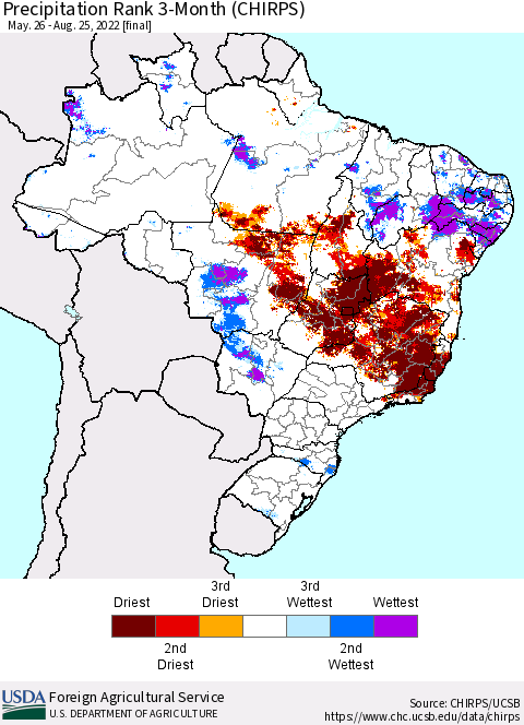 Brazil Precipitation Rank since 1981, 3-Month (CHIRPS) Thematic Map For 5/26/2022 - 8/25/2022