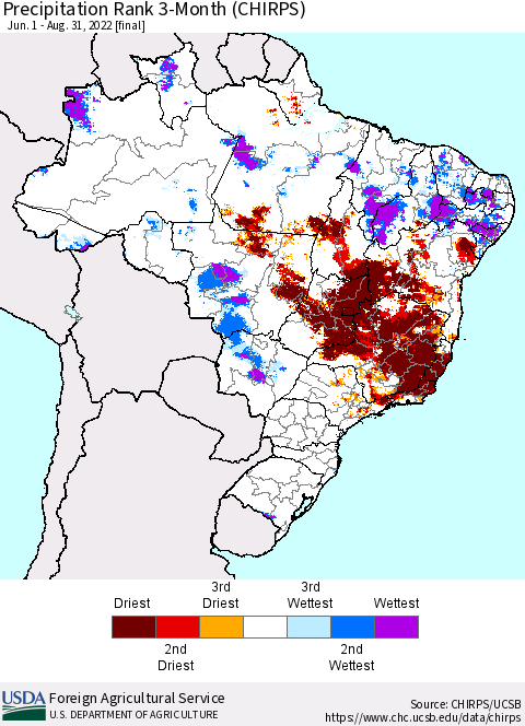 Brazil Precipitation Rank since 1981, 3-Month (CHIRPS) Thematic Map For 6/1/2022 - 8/31/2022