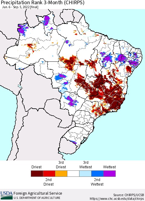 Brazil Precipitation Rank since 1981, 3-Month (CHIRPS) Thematic Map For 6/6/2022 - 9/5/2022