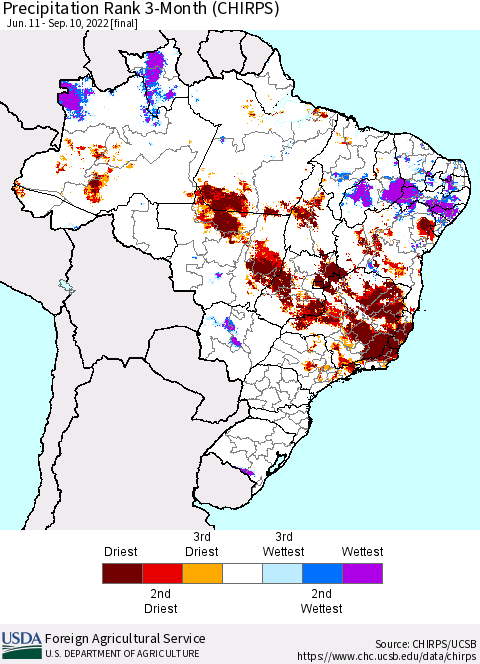 Brazil Precipitation Rank since 1981, 3-Month (CHIRPS) Thematic Map For 6/11/2022 - 9/10/2022