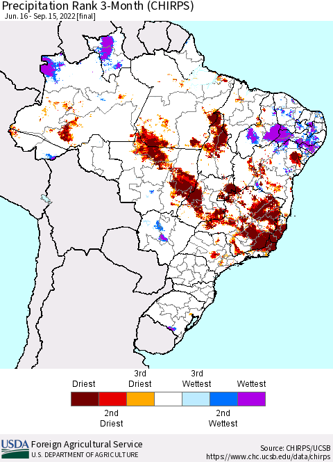 Brazil Precipitation Rank since 1981, 3-Month (CHIRPS) Thematic Map For 6/16/2022 - 9/15/2022