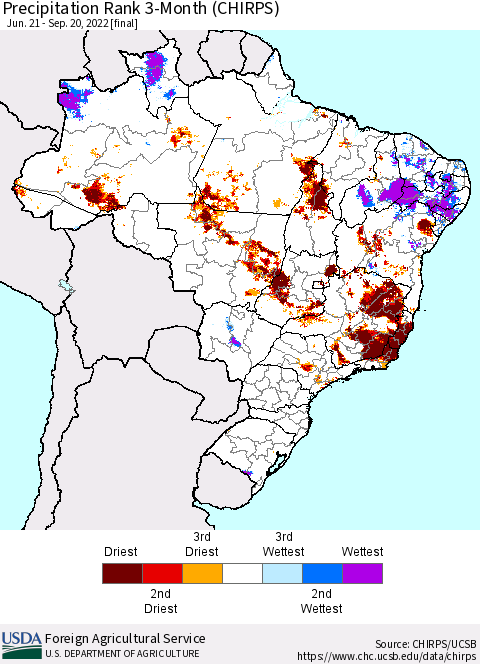 Brazil Precipitation Rank since 1981, 3-Month (CHIRPS) Thematic Map For 6/21/2022 - 9/20/2022