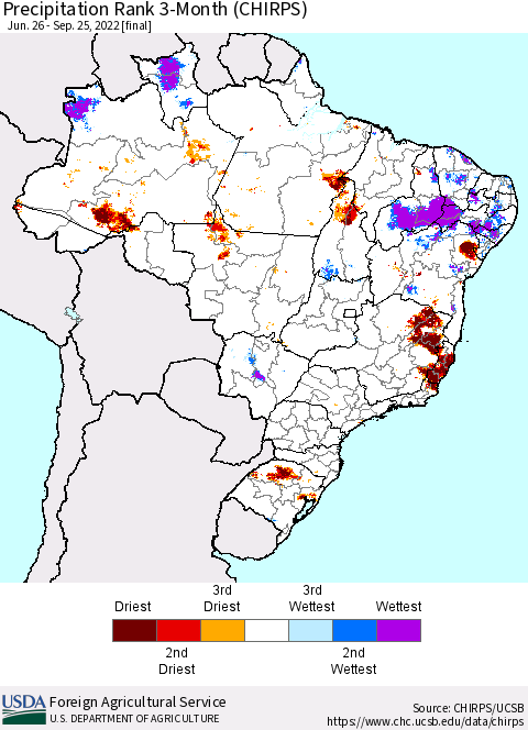 Brazil Precipitation Rank since 1981, 3-Month (CHIRPS) Thematic Map For 6/26/2022 - 9/25/2022