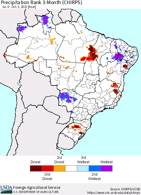Brazil Precipitation Rank since 1981, 3-Month (CHIRPS) Thematic Map For 7/6/2022 - 10/5/2022