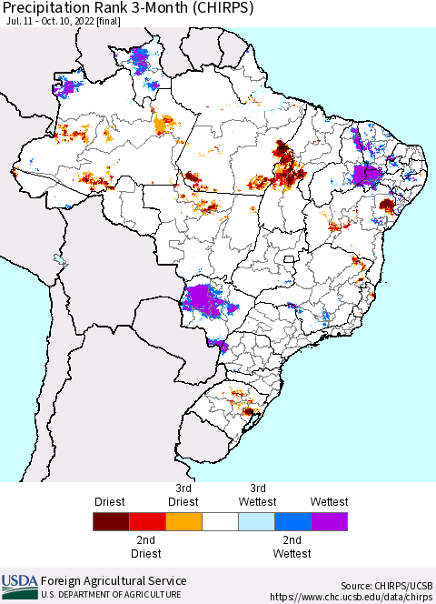 Brazil Precipitation Rank since 1981, 3-Month (CHIRPS) Thematic Map For 7/11/2022 - 10/10/2022