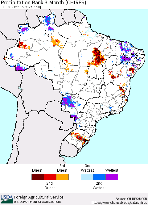 Brazil Precipitation Rank since 1981, 3-Month (CHIRPS) Thematic Map For 7/16/2022 - 10/15/2022