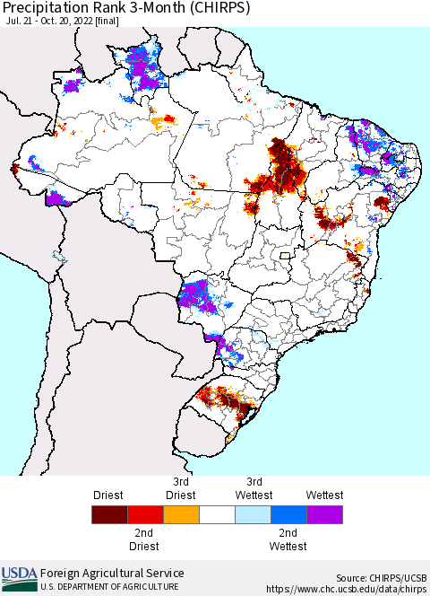 Brazil Precipitation Rank since 1981, 3-Month (CHIRPS) Thematic Map For 7/21/2022 - 10/20/2022