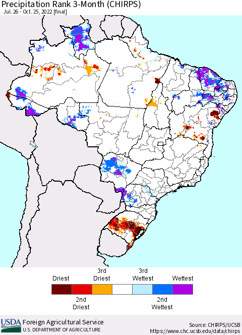 Brazil Precipitation Rank since 1981, 3-Month (CHIRPS) Thematic Map For 7/26/2022 - 10/25/2022