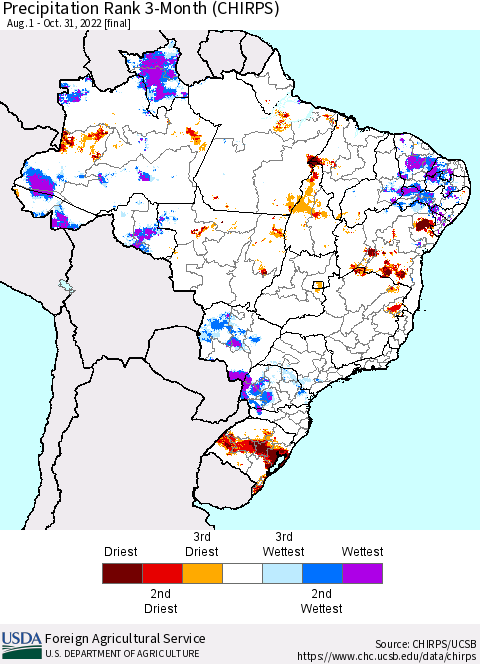 Brazil Precipitation Rank since 1981, 3-Month (CHIRPS) Thematic Map For 8/1/2022 - 10/31/2022
