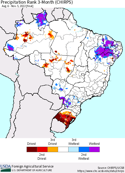 Brazil Precipitation Rank since 1981, 3-Month (CHIRPS) Thematic Map For 8/6/2022 - 11/5/2022
