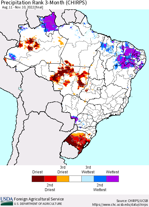 Brazil Precipitation Rank since 1981, 3-Month (CHIRPS) Thematic Map For 8/11/2022 - 11/10/2022