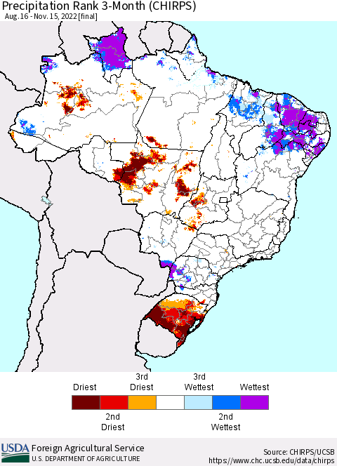 Brazil Precipitation Rank since 1981, 3-Month (CHIRPS) Thematic Map For 8/16/2022 - 11/15/2022