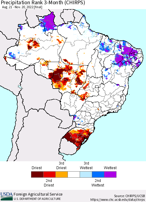 Brazil Precipitation Rank since 1981, 3-Month (CHIRPS) Thematic Map For 8/21/2022 - 11/20/2022