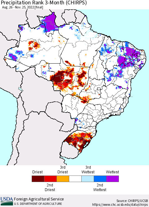Brazil Precipitation Rank since 1981, 3-Month (CHIRPS) Thematic Map For 8/26/2022 - 11/25/2022