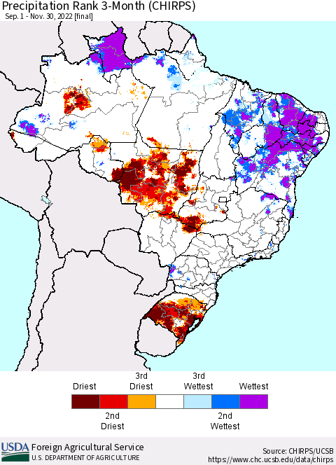 Brazil Precipitation Rank since 1981, 3-Month (CHIRPS) Thematic Map For 9/1/2022 - 11/30/2022