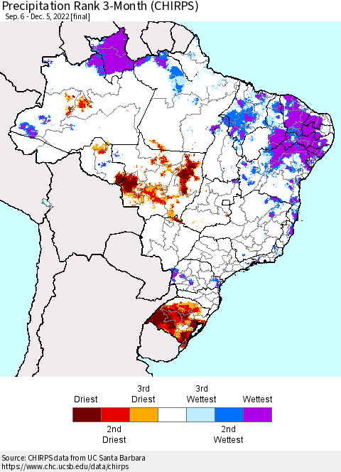 Brazil Precipitation Rank since 1981, 3-Month (CHIRPS) Thematic Map For 9/6/2022 - 12/5/2022