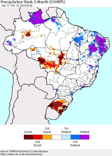 Brazil Precipitation Rank since 1981, 3-Month (CHIRPS) Thematic Map For 9/11/2022 - 12/10/2022