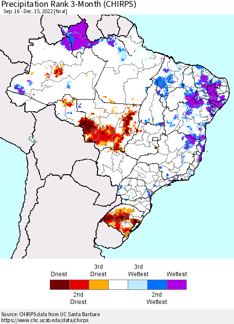 Brazil Precipitation Rank since 1981, 3-Month (CHIRPS) Thematic Map For 9/16/2022 - 12/15/2022