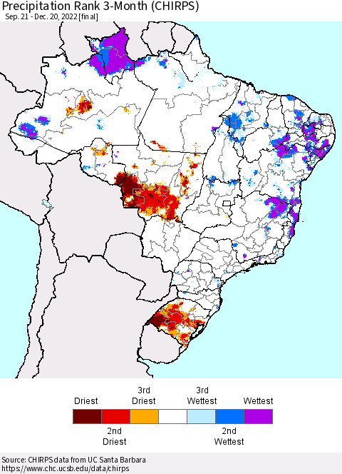 Brazil Precipitation Rank since 1981, 3-Month (CHIRPS) Thematic Map For 9/21/2022 - 12/20/2022