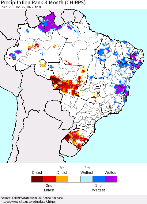 Brazil Precipitation Rank since 1981, 3-Month (CHIRPS) Thematic Map For 9/26/2022 - 12/25/2022