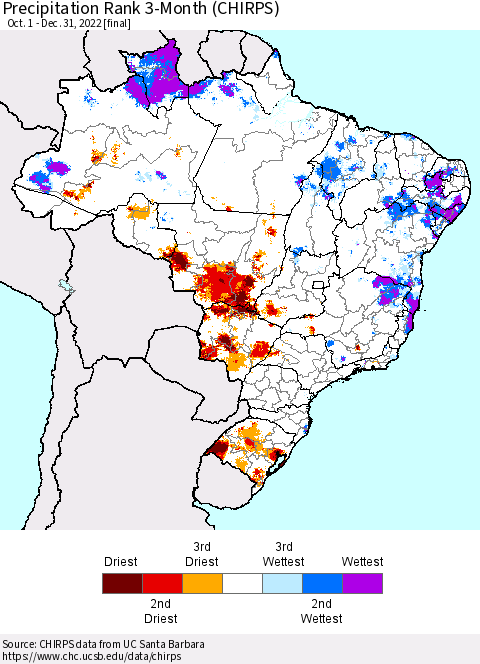 Brazil Precipitation Rank since 1981, 3-Month (CHIRPS) Thematic Map For 10/1/2022 - 12/31/2022