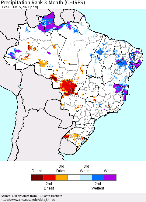 Brazil Precipitation Rank since 1981, 3-Month (CHIRPS) Thematic Map For 10/6/2022 - 1/5/2023